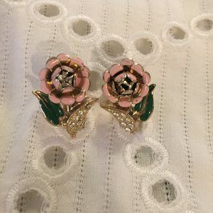 Vintage pink rose screw back earrings